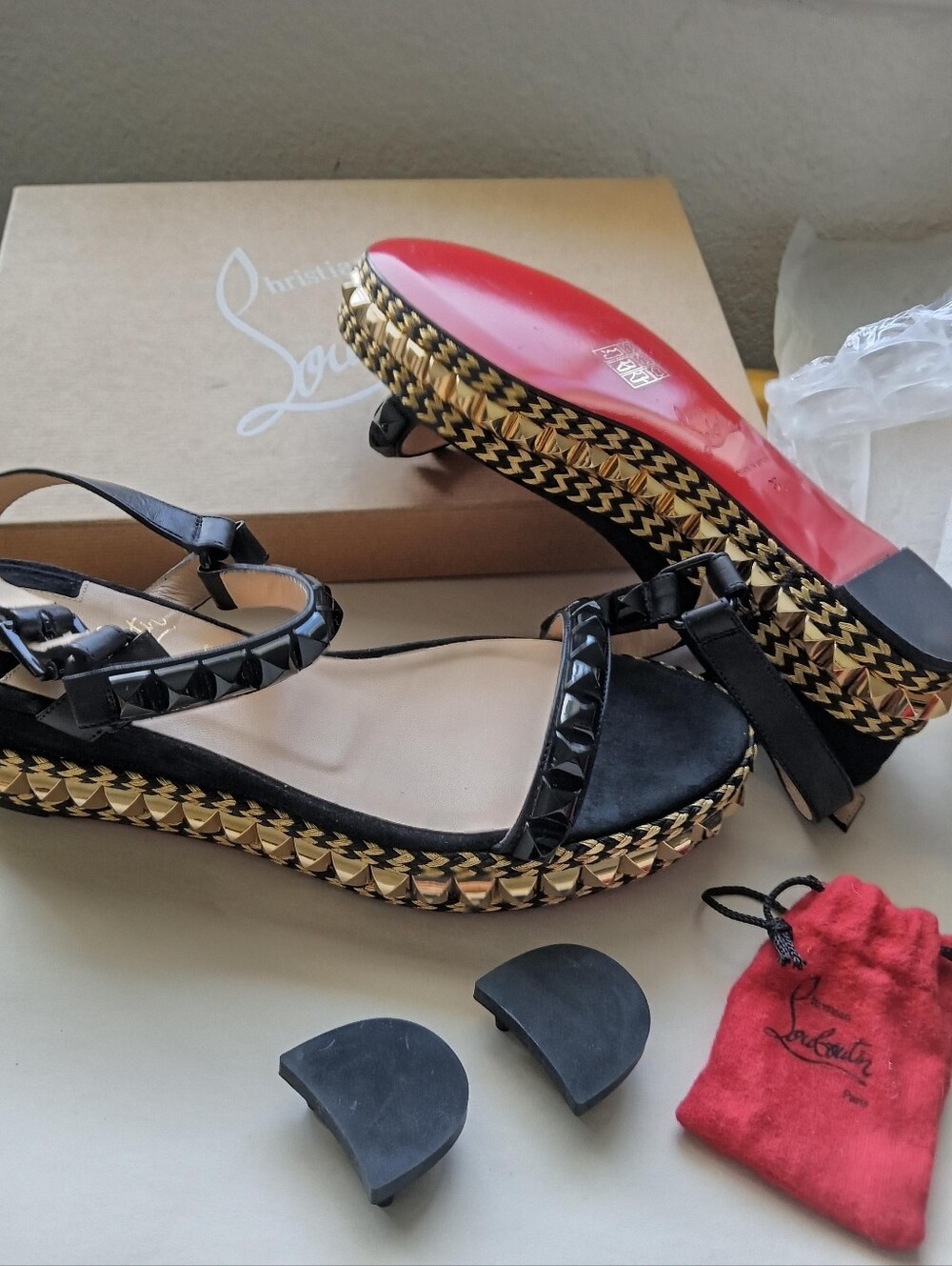 Christian Louboutin Cataclou Black and Gold Braided Espadrille Wedge Sandals
